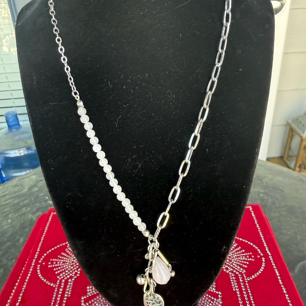 Urban Outfitters Silver Tone Chain and Beaded Pendant Necklace with Stone, nwot